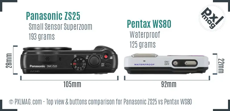 Panasonic ZS25 vs Pentax WS80 top view buttons comparison