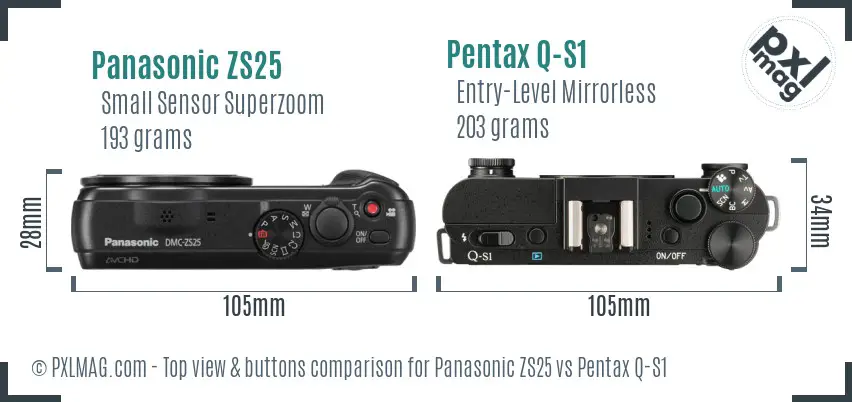 Panasonic ZS25 vs Pentax Q-S1 top view buttons comparison