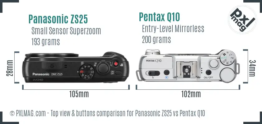 Panasonic ZS25 vs Pentax Q10 top view buttons comparison