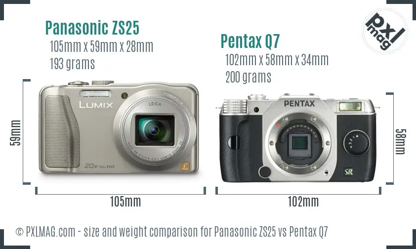 Panasonic ZS25 vs Pentax Q7 size comparison