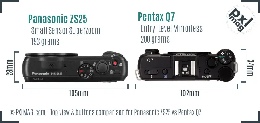 Panasonic ZS25 vs Pentax Q7 top view buttons comparison