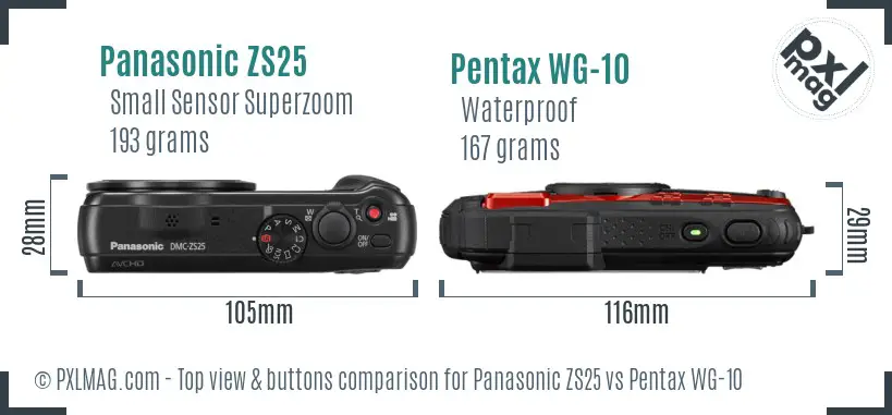 Panasonic ZS25 vs Pentax WG-10 top view buttons comparison