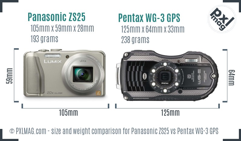 Panasonic ZS25 vs Pentax WG-3 GPS size comparison