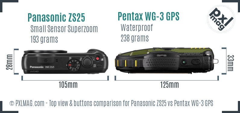 Panasonic ZS25 vs Pentax WG-3 GPS top view buttons comparison