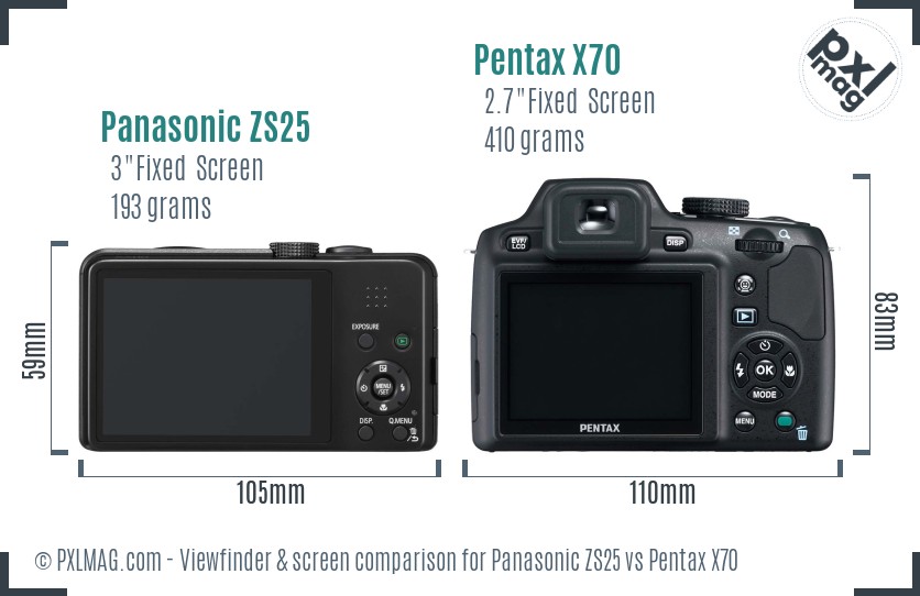 Panasonic ZS25 vs Pentax X70 Screen and Viewfinder comparison