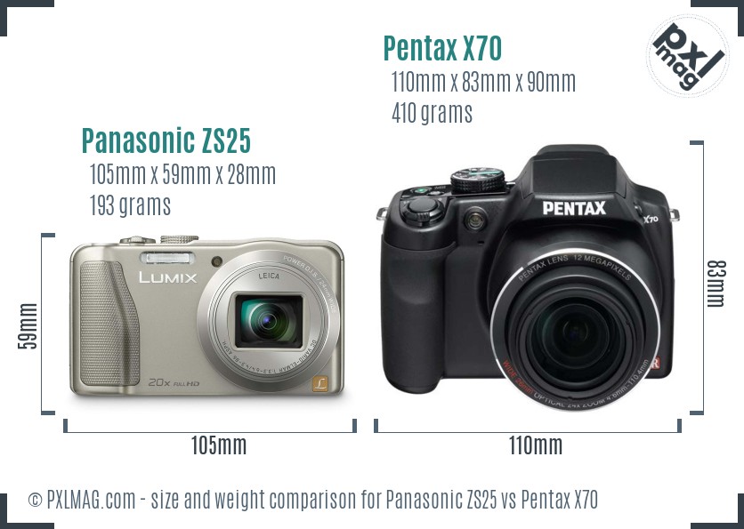 Panasonic ZS25 vs Pentax X70 size comparison