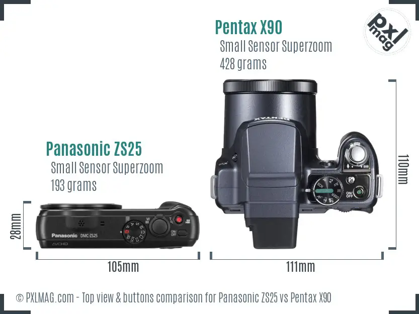 Panasonic ZS25 vs Pentax X90 top view buttons comparison Panasonic ZS25 vs Pentax X90 top view buttons comparison