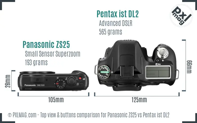 Panasonic ZS25 vs Pentax ist DL2 top view buttons comparison