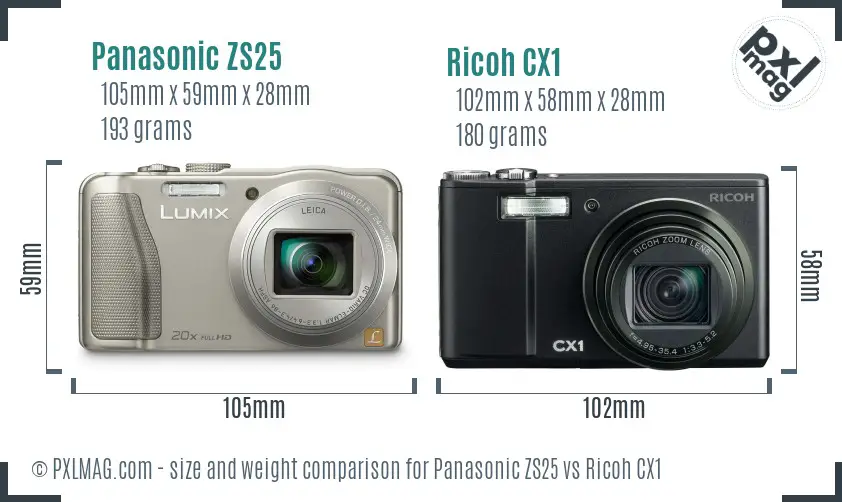 Panasonic ZS25 vs Ricoh CX1 size comparison