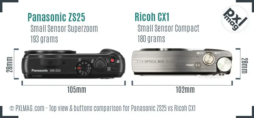 Panasonic ZS25 vs Ricoh CX1 top view buttons comparison