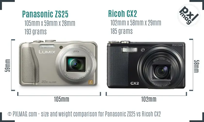 Panasonic ZS25 vs Ricoh CX2 size comparison