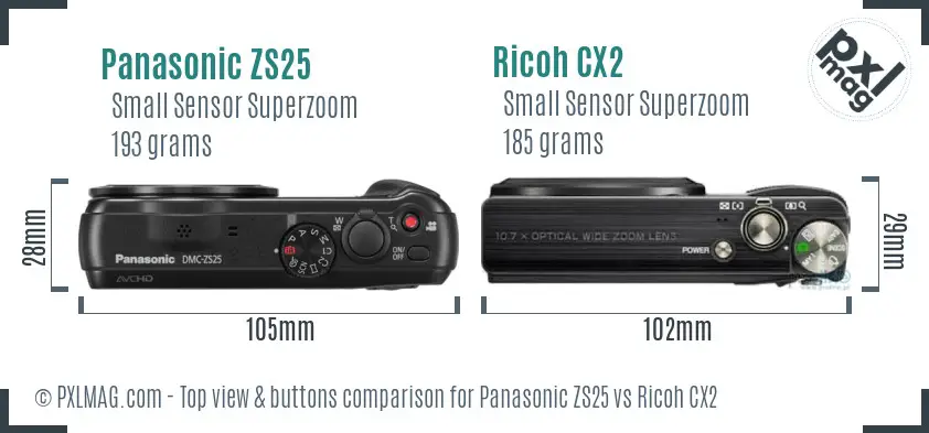 Panasonic ZS25 vs Ricoh CX2 top view buttons comparison