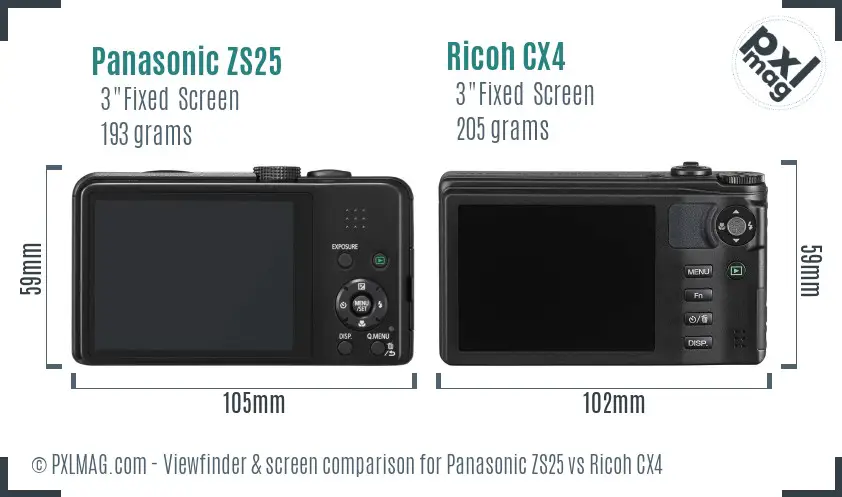 Panasonic ZS25 vs Ricoh CX4 Screen and Viewfinder comparison