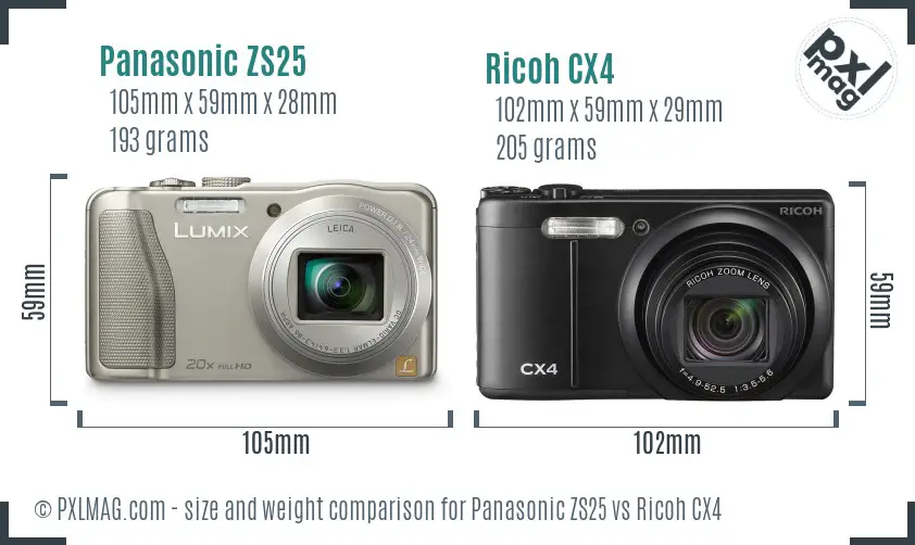 Panasonic ZS25 vs Ricoh CX4 size comparison