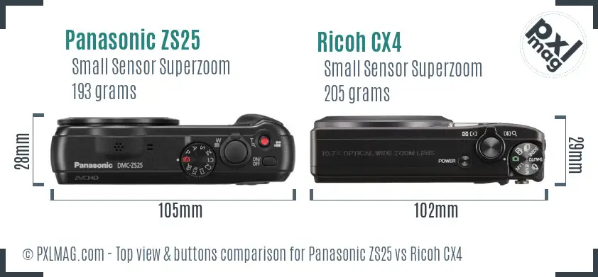 Panasonic ZS25 vs Ricoh CX4 top view buttons comparison