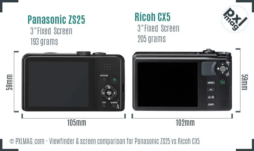 Panasonic ZS25 vs Ricoh CX5 Screen and Viewfinder comparison