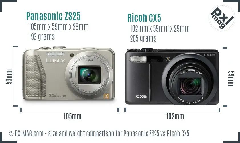 Panasonic ZS25 vs Ricoh CX5 size comparison