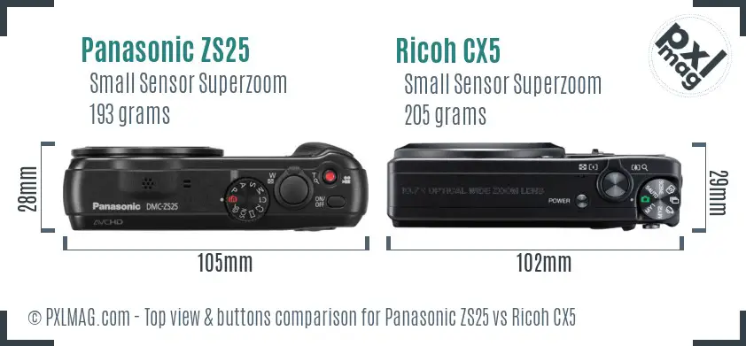 Panasonic ZS25 vs Ricoh CX5 top view buttons comparison