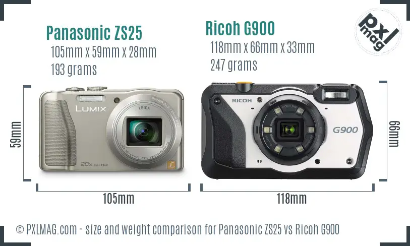 Panasonic ZS25 vs Ricoh G900 size comparison
