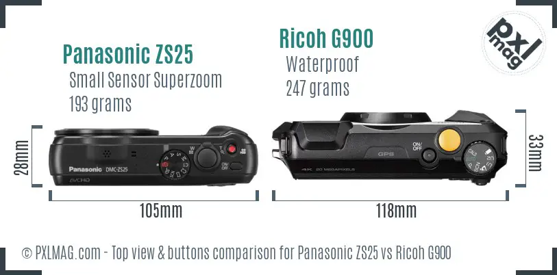 Panasonic ZS25 vs Ricoh G900 top view buttons comparison