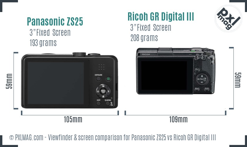 Panasonic ZS25 vs Ricoh GR Digital III Screen and Viewfinder comparison