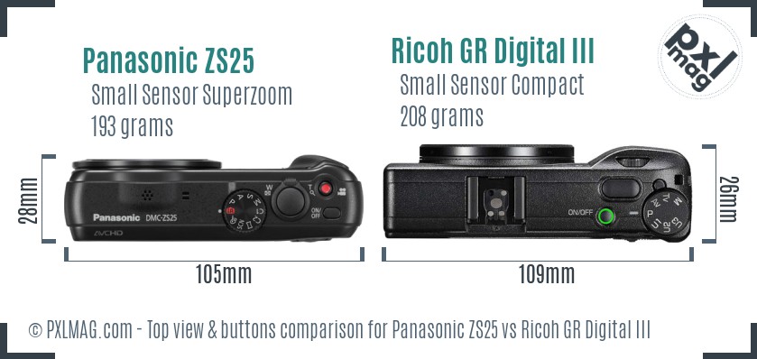 Panasonic ZS25 vs Ricoh GR Digital III top view buttons comparison