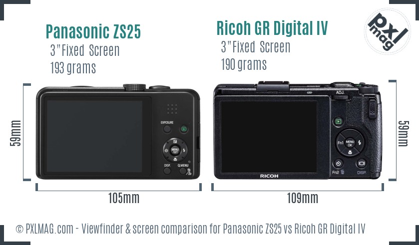 Panasonic ZS25 vs Ricoh GR Digital IV Screen and Viewfinder comparison