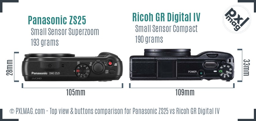 Panasonic ZS25 vs Ricoh GR Digital IV top view buttons comparison