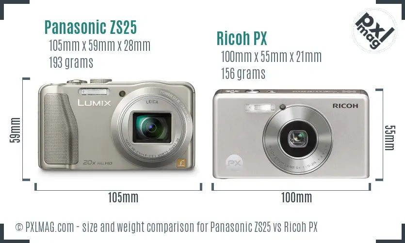 Panasonic ZS25 vs Ricoh PX size comparison