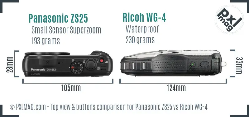 Panasonic ZS25 vs Ricoh WG-4 top view buttons comparison Panasonic ZS25 vs Ricoh WG-4 top view buttons comparison