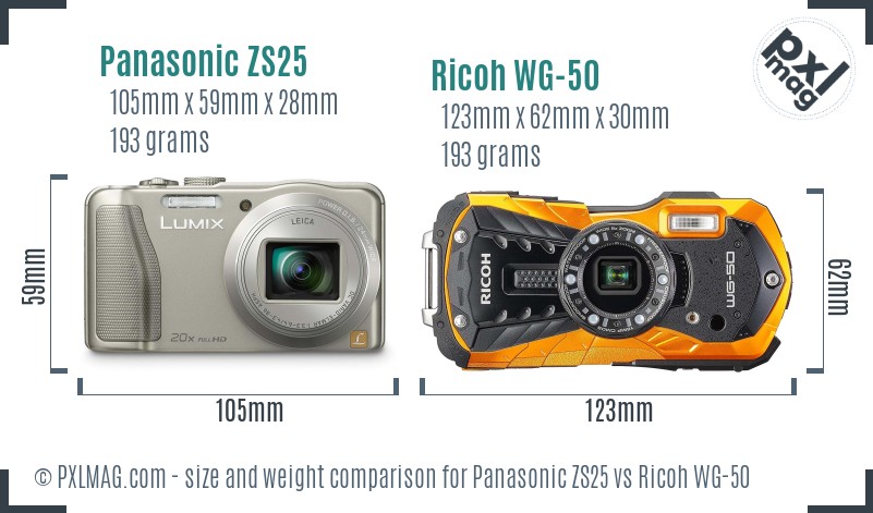 Panasonic ZS25 vs Ricoh WG-50 size comparison