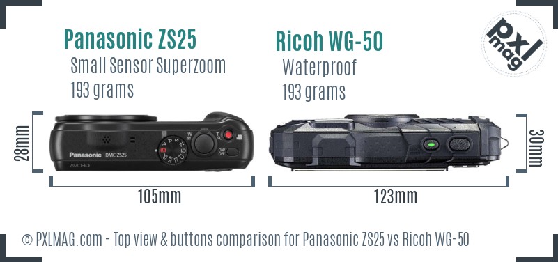 Panasonic ZS25 vs Ricoh WG-50 top view buttons comparison