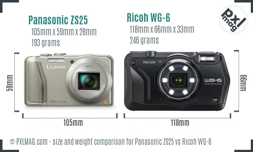 Panasonic ZS25 vs Ricoh WG-6 size comparison