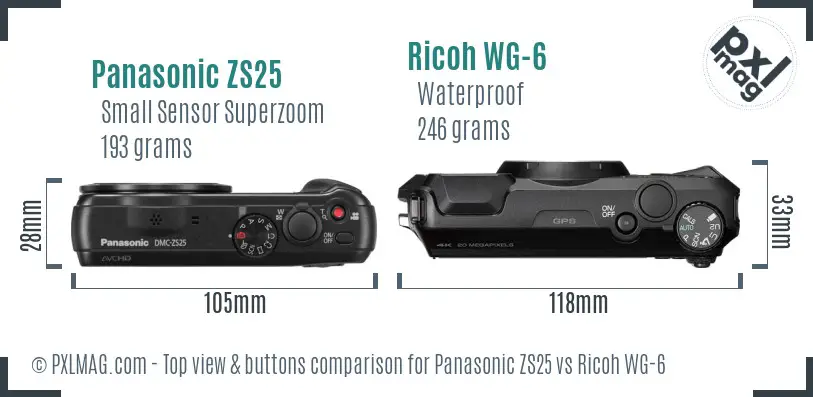 Panasonic ZS25 vs Ricoh WG-6 top view buttons comparison