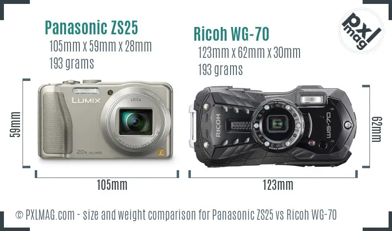 Panasonic ZS25 vs Ricoh WG-70 size comparison