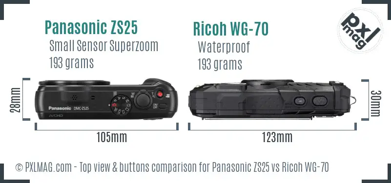 Panasonic ZS25 vs Ricoh WG-70 top view buttons comparison