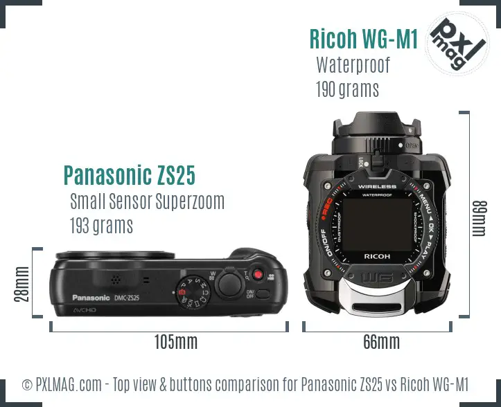 Panasonic ZS25 vs Ricoh WG-M1 top view buttons comparison