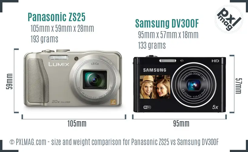 Panasonic ZS25 vs Samsung DV300F size comparison