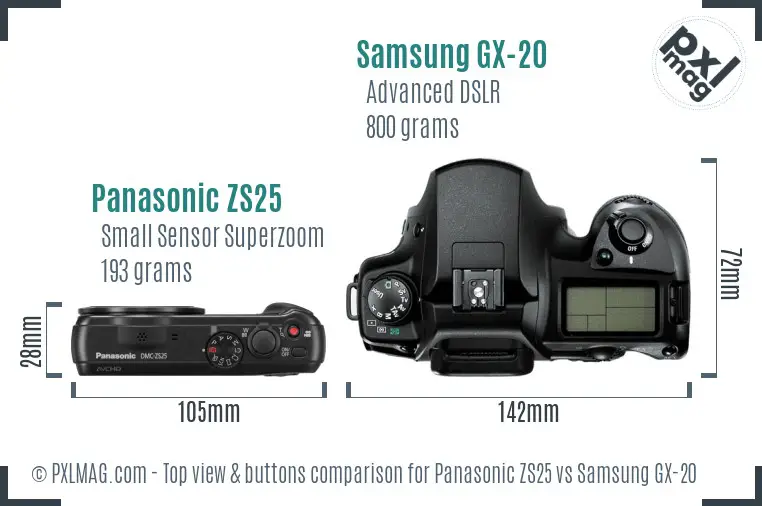 Panasonic ZS25 vs Samsung GX-20 top view buttons comparison