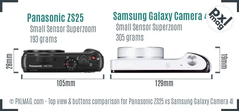 Panasonic ZS25 vs Samsung Galaxy Camera 4G top view buttons comparison Panasonic ZS25 vs Samsung Galaxy Camera 4G top view buttons comparison