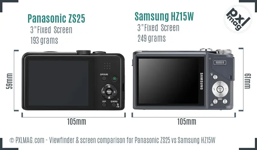 Panasonic ZS25 vs Samsung HZ15W Screen and Viewfinder comparison