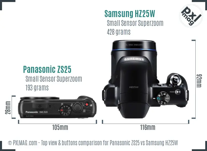 Panasonic ZS25 vs Samsung HZ25W top view buttons comparison