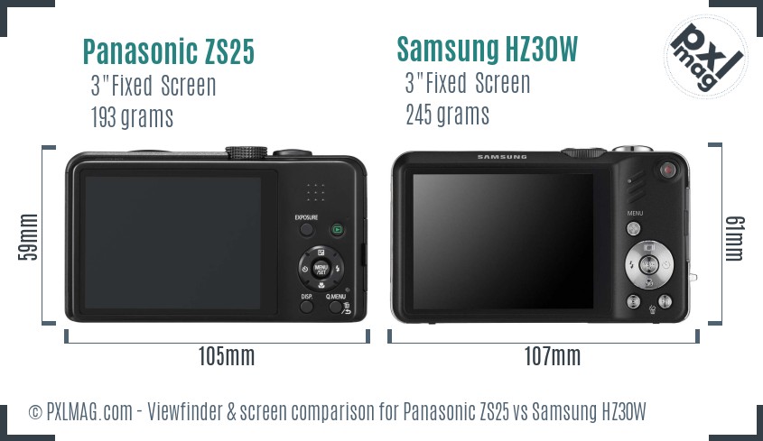 Panasonic ZS25 vs Samsung HZ30W Screen and Viewfinder comparison