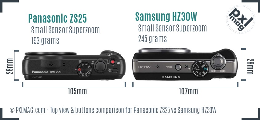 Panasonic ZS25 vs Samsung HZ30W top view buttons comparison