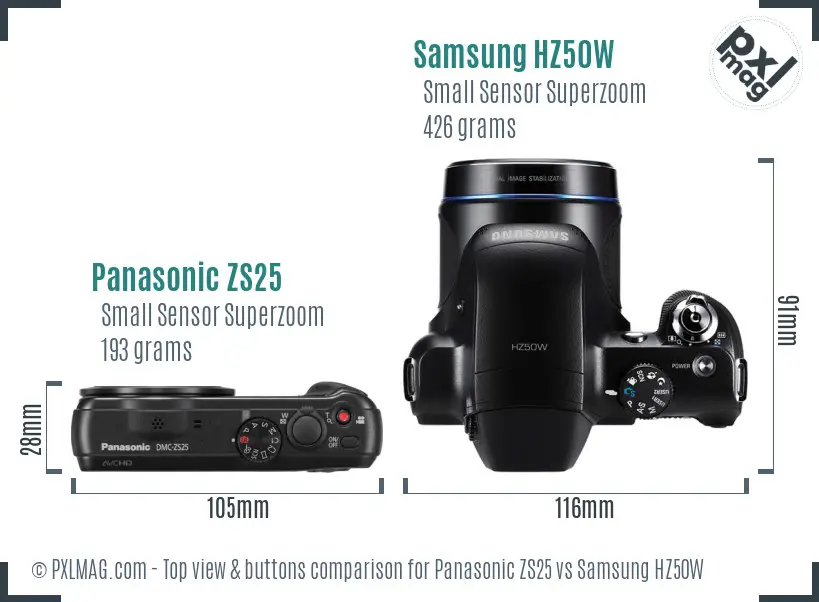 Panasonic ZS25 vs Samsung HZ50W top view buttons comparison Panasonic ZS25 vs Samsung HZ50W top view buttons comparison