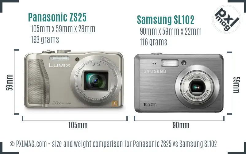 Panasonic ZS25 vs Samsung SL102 size comparison
