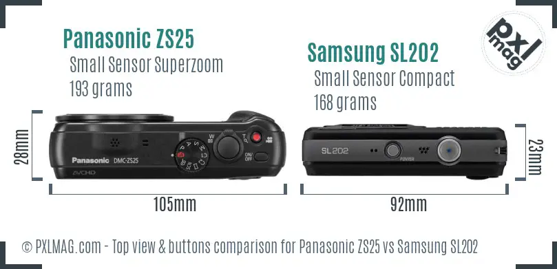 Panasonic ZS25 vs Samsung SL202 top view buttons comparison Panasonic ZS25 vs Samsung SL202 top view buttons comparison
