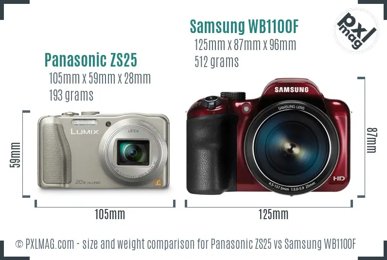 Panasonic ZS25 vs Samsung WB1100F size comparison