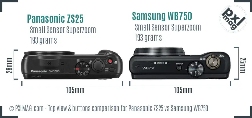 Panasonic ZS25 vs Samsung WB750 top view buttons comparison Panasonic ZS25 vs Samsung WB750 top view buttons comparison