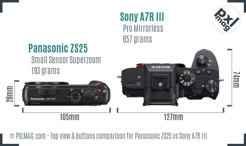 Panasonic ZS25 vs Sony A7R III top view buttons comparison